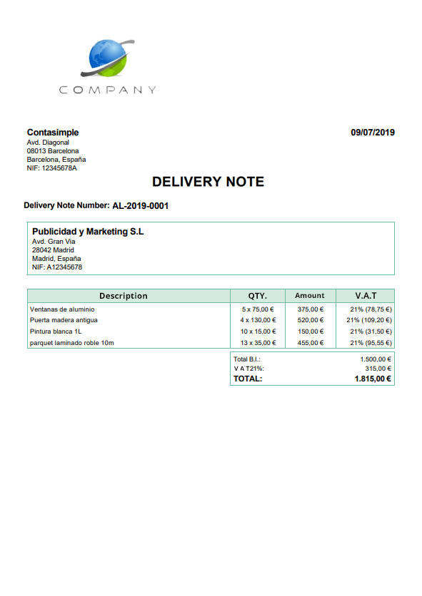 Delivery notes template 1